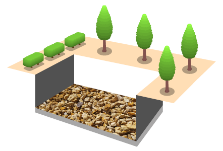 Illustration of waterproofing process with gravel and trees
